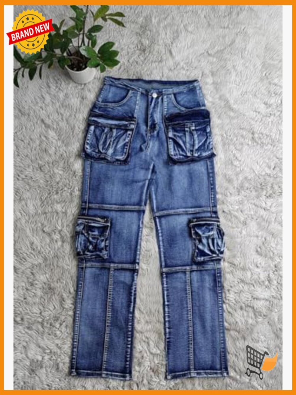 High Waist Cargo Jeans with Side Zip Slit and Multi Pockets - Picture 4 of 6